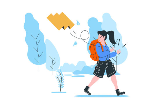 Location lost illustration with backpacker woman holding broken compass, vector concept for gps error and navigation not found page