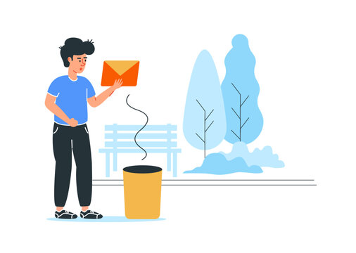 No message illustration with man holding envelope letter near trash bin in park, vector concept for empty inbox and onboarding state