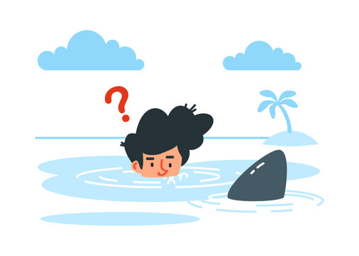 Confused person stranded in water illustration with question mark and shark fin, vector concept for lost user and empty state page
