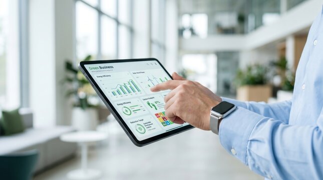 Man holding tablet displaying green business dashboard, sustainable development goals, eco-friendly energy efficiency charts and environmental corporate social responsibility