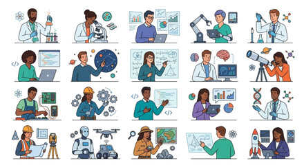 Fototapeta premium Collection of STEM Professionals and Scientists Vector Characters