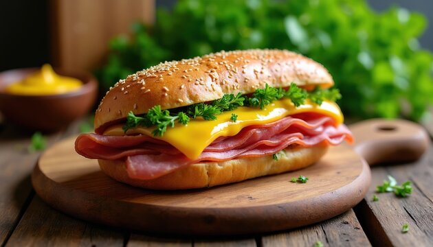 German Leberkase sandwich on sesame bun with cheese and parsley. Served on wooden board with mustard bowl. Delicious meatloaf sandwich for quick lunch.