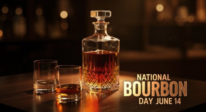 Bourbon whiskey decanter and glasses on bar for National Bourbon Day