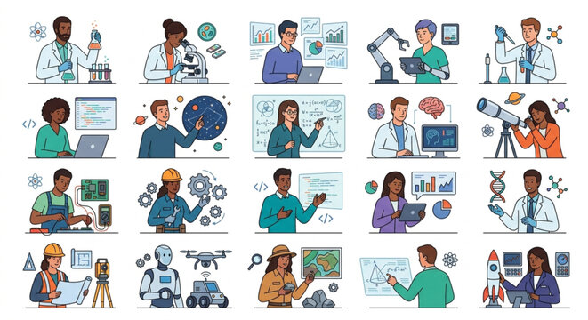 Collection of STEM Professionals and Scientists Vector Characters
