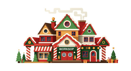 Fototapeta premium Festive Christmas workshop house illustration with snow and candy cane pillars