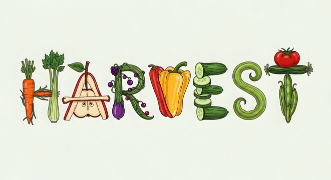 Colorful harvest lettering with fruits and vegetables isolated on white background
