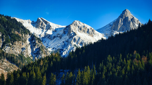 inter Landscape of Snowy Mountains and Forest in Kaiserau Austria