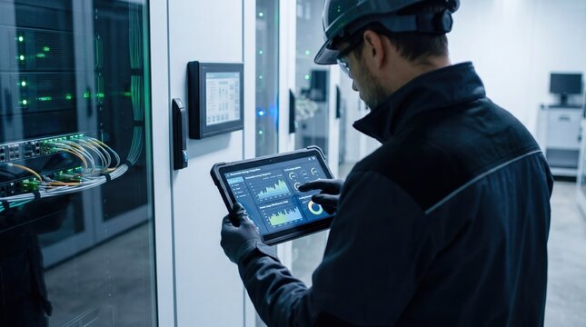 IT specialist in a server room checking network status and system logs on a tablet, surrounded by blinking lights and data center racks.