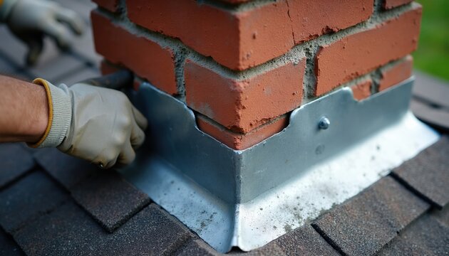 Worker installs metal flashing on brick chimney base. Roofer secures new component on house roof shingles. Exterior maintenance ensures weatherproofing protection.