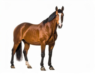 Obraz premium Bay horse standing calmly, isolated on white background for equine, farm and animal concepts