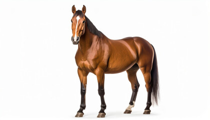 Obraz premium Bay horse standing calmly, isolated on white background for equine, farm and animal concepts