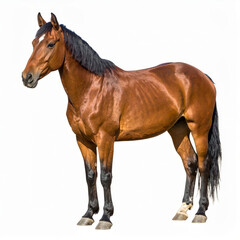 Naklejka premium Bay horse standing calmly, isolated on white background for equine, farm and animal concepts