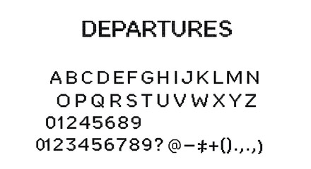 Fototapeta premium Airport departure board typography including uppercase alphabet letters numbers and special symbols in a pixelated style.