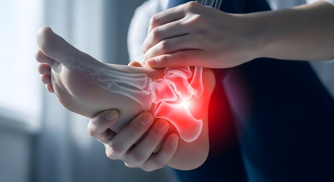 Foot and ankle pain concept, with anatomical overlay showing inflammation in the heel and sole region, indicating discomfort or injury