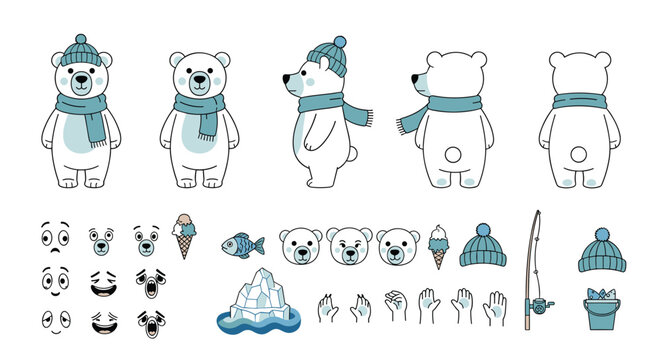 Character design sheet for a cute polar bear wearing a blue winter hat and scarf, featuring various poses, expressions, and accessory items.