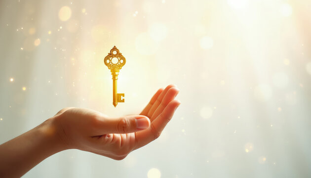 Open hand holds glowing golden key floating above. Opportunity or success is within reach. Magical light sparkles illuminate the possibility of future.