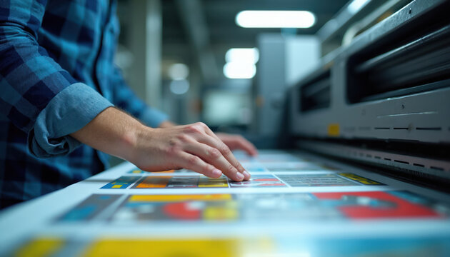 Man aligns color print plates on large format printer. Worker checks registration marks on paper sheets for accurate graphic reproduction. Pro color separation in print shop.