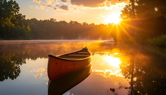 Serene canoe floating on misty lake at sunrise with golden sun rays and reflections