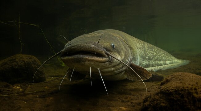 Large Wels catfish Silurus glanis swimming underwater in murky freshwater river habitat close-up view