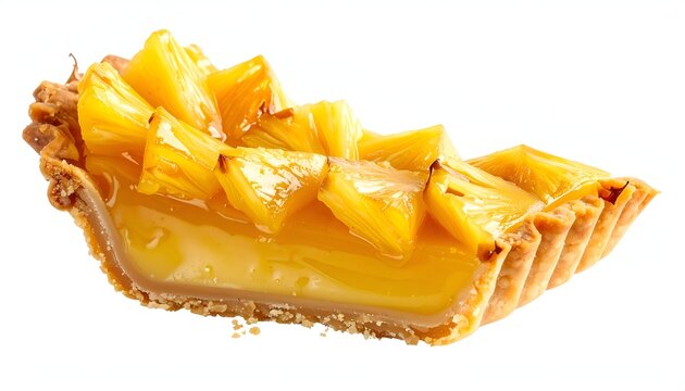 Mouth watering bakery photography of delicious golden yellow sliced pineapple fruit tart or pie on a white background.