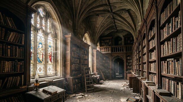 Echoes of Academia: A sunlit gothic library, steeped in history, its shelves laden with time-worn books, invites contemplation and scholarly pursuit.