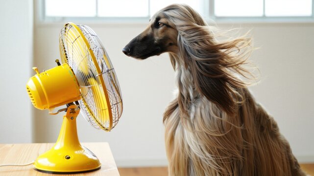 Elegant Afghan Hound cooling down in front of a yellow electric fan during a summer heatwave, long hair blowing in wind for pet grooming and heatstroke prevention, stylish dog chilling in hot weather