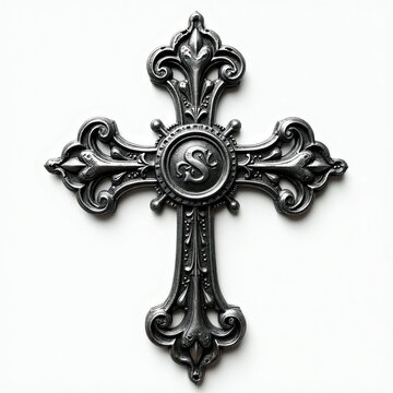 Intricate silver cross with ornate filigree and monogram detail. Classic religious symbol on clean white background. Decorative vintage metalwork for design.