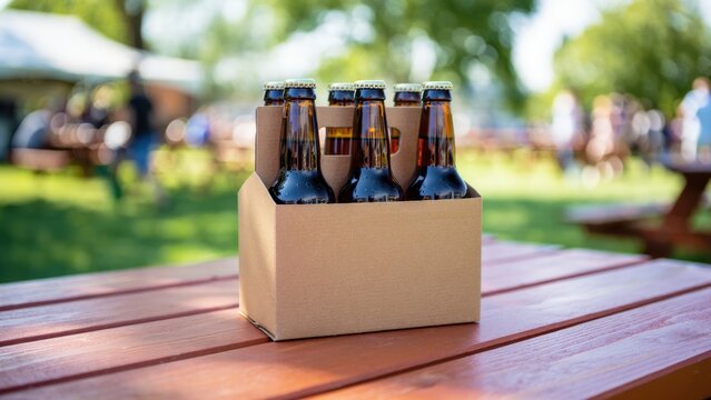 Six pack of beer bottles in a cardboard carrier on a wooden picnic table at an outdoor setting, international beer day celebration, summer leisure atmosphere, sunlight and social event
