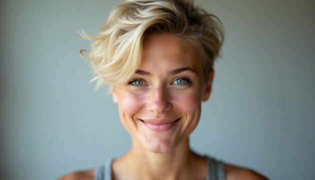Young woman with blonde pixie cut smiles. Textured layers create movement. Youthful and modern hairstyle shows off blue eyes. Attractive style inspires fashion choices.