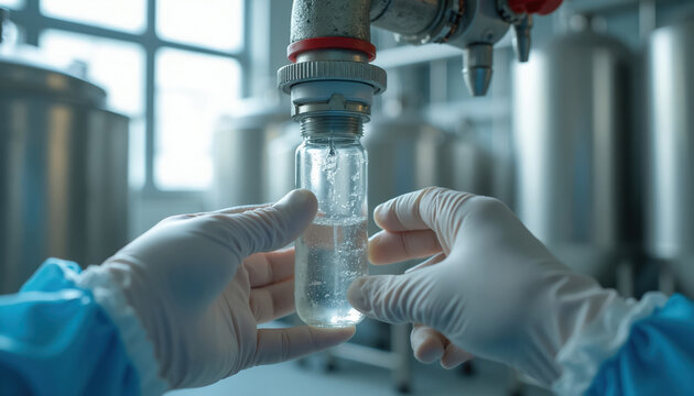 Hands in sterile gloves collect water sample from industrial pipe into small glass vial. Laboratory analysis of liquid purity in clean production facility. Safety checks for environmental monitoring.