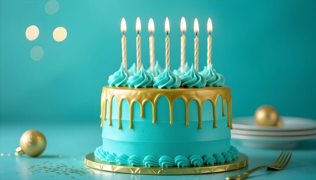 Elegant turquoise birthday cake with gold drip icing and gold birthday candles against a turquoise background