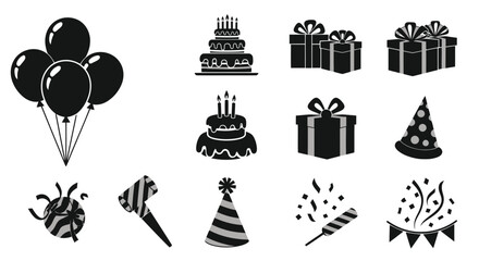 Fototapeta premium Birthday Party Icons: Balloons, Cakes, Gifts, Hats, Confetti, Party Poppers