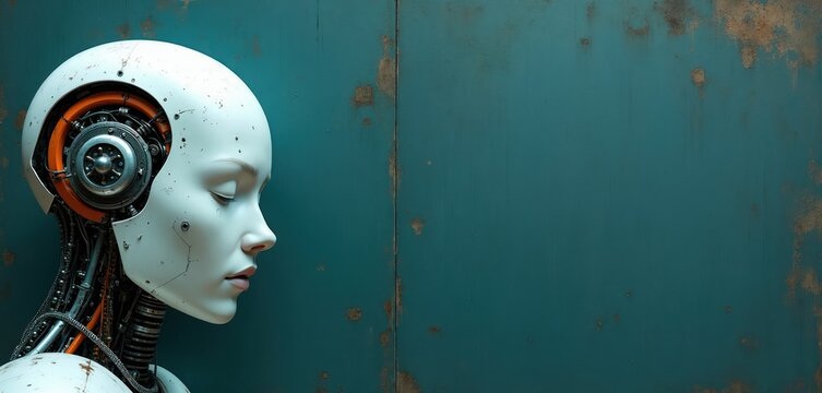 Robot woman profile with eyes closed. Serene face, detailed mechanics, artificial intelligence concept. Futuristic android head, technology and human fusion. Advanced cybernetic mind.