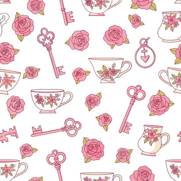 Vintage Tea Party Pattern: Pink Roses, Antique Keys, and Teacups Seamless Design
