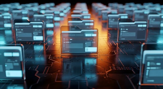 Centralized digital data management system featuring glowing file folders arranged in a vast, interconnected network for secure information storage and cloud computing