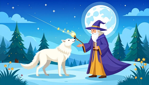 Wizard casting a spell on a wolf under the moonlight.