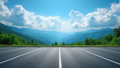 Empty paved parking lot overlooks vast mountain range with blue hazy peaks. Rich green trees line the foreground below a bright sky with fluffy white clouds.