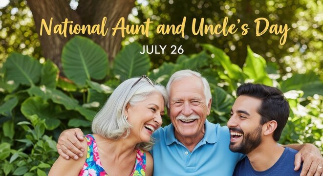 Happy multi-generational family celebrating National Aunt and Uncle's Day outdoors in summer