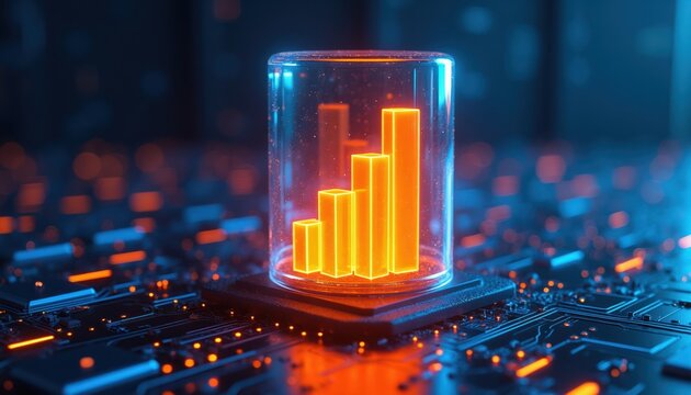 Glowing bar chart inside glass container on circuit board. Digital graph shows data growth and analytics. Tech background with blue and orange lights.