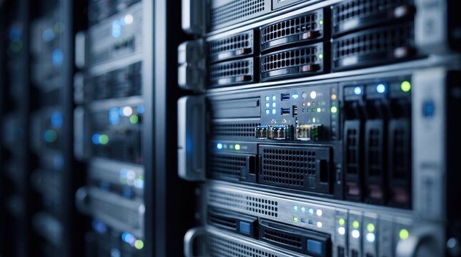 Close up view of server rack units with blinking lights in data center room, cloud computing storage and network infrastructure hardware equipment for big data processing and web