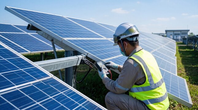 Professional technician in safety gear inspecting solar panels with multimeter, renewable energy maintenance and photovoltaic system testing concept