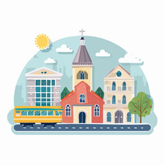 Fototapeta premium Stylized Cityscape with Tram and Buildings