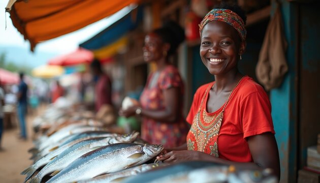 Smiling African woman sells fresh fish at an outdoor market stall. She offers variety of seafood, engaging with customers. Vibrant scene shows local life and commerce.