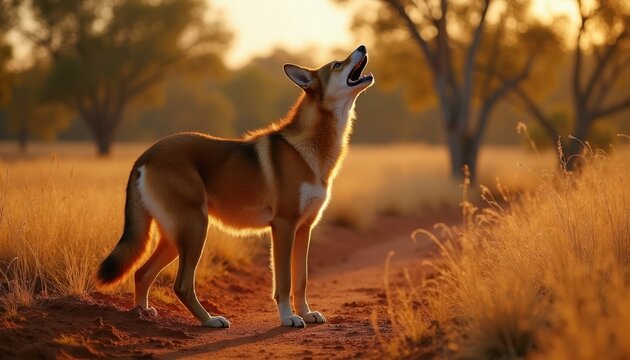 Dingo stands on dirt track howling at dusk in Australian outback. Golden hour light warms dry grass and trees. Wild animal calls in wilderness landscape.