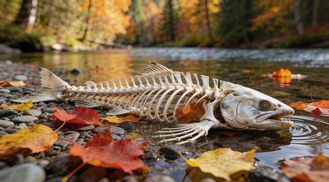 Detailed fish skeleton on riverbank with colorful autumn leaves in shallow forest water
