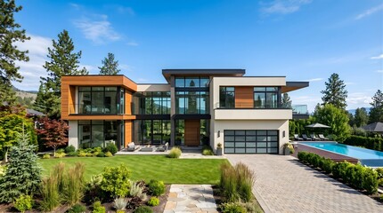 Fototapeta premium Modern luxury villa exterior with garden and swimming pool