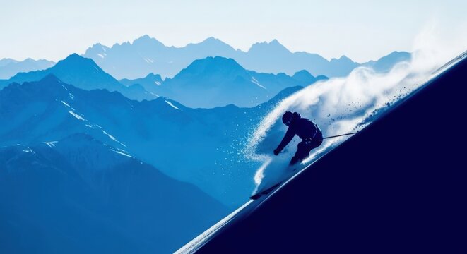 Silhouette of Skier Speeding Down Steep Mountain Slope with Snow Spray at Blue Dawn
