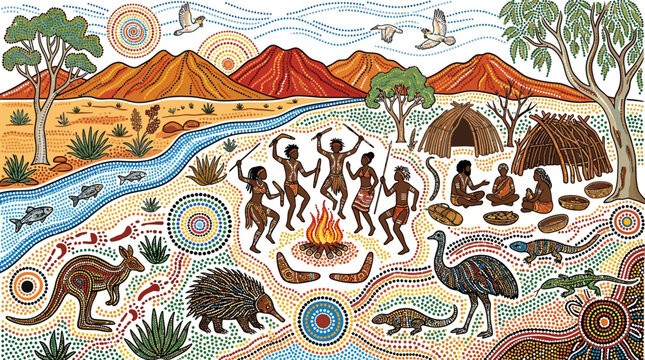 An intricate dot painting depicts indigenous australian people dancing around a warm fire near their traditional huts while surrounded by various native wildlife in a scenic landscape.