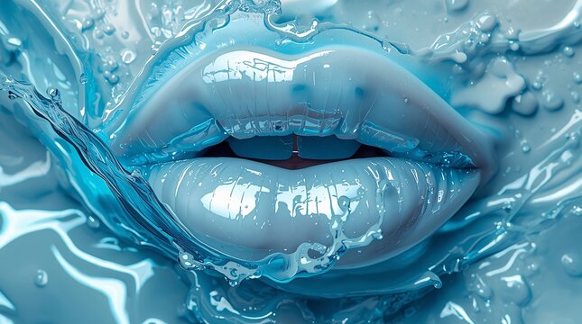 Glossy blue lips splash, highlighting modern cosmetic and beauty trends.