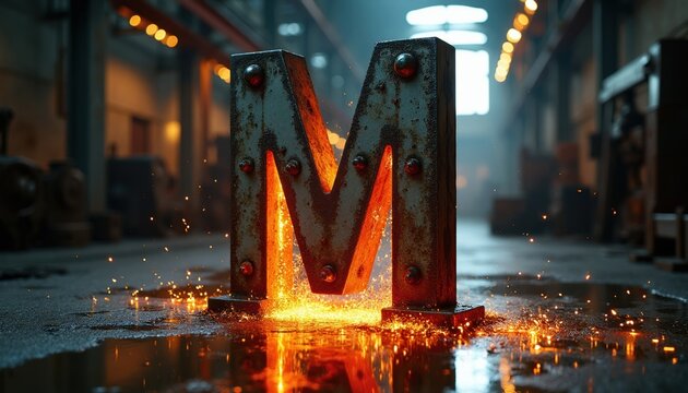 Rusty metal letter M glows with intense orange light inside dark industrial factory. Sparks fly around base of illuminated sign on wet floor.